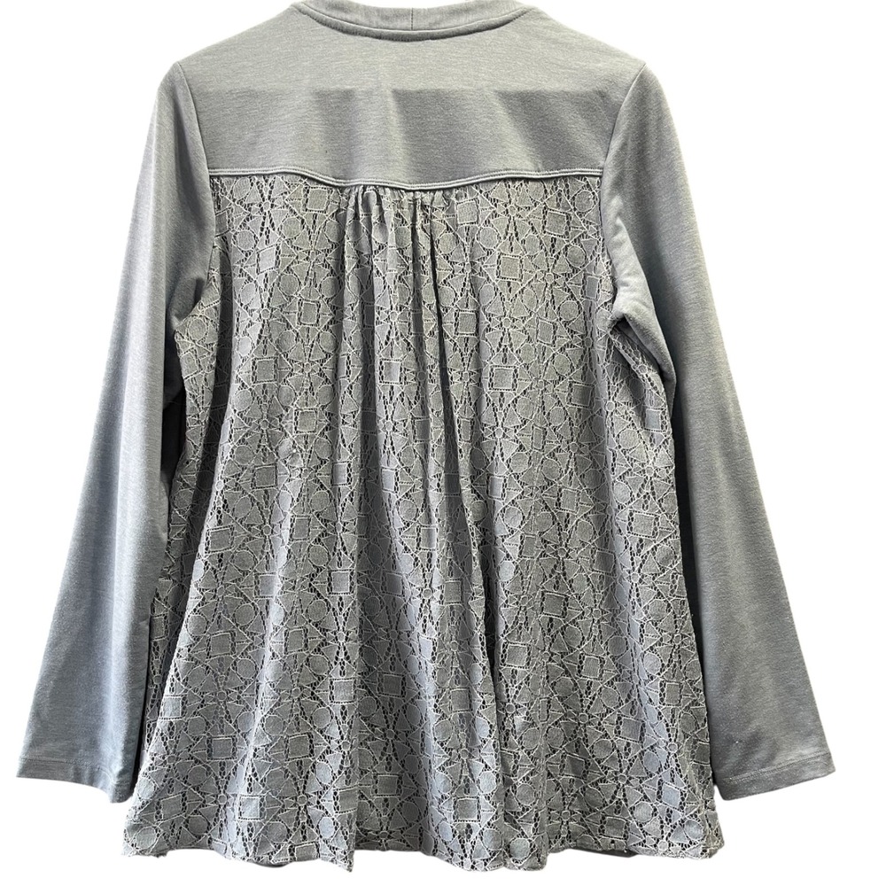 LOGO Lounge Zip Front Cardigan Women Large Blue Grey Lace Back French Terry Boho